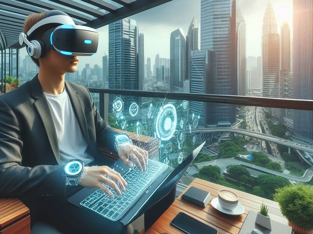Persona trabajando 100% remoto en 2024 con gafas de realidad virtual.